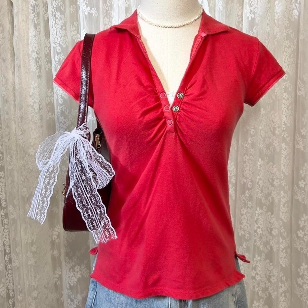 2000s‎ Y2K DKNY Red Collared Polo Shirt Ruched Snap Buttons Womens S Preppy